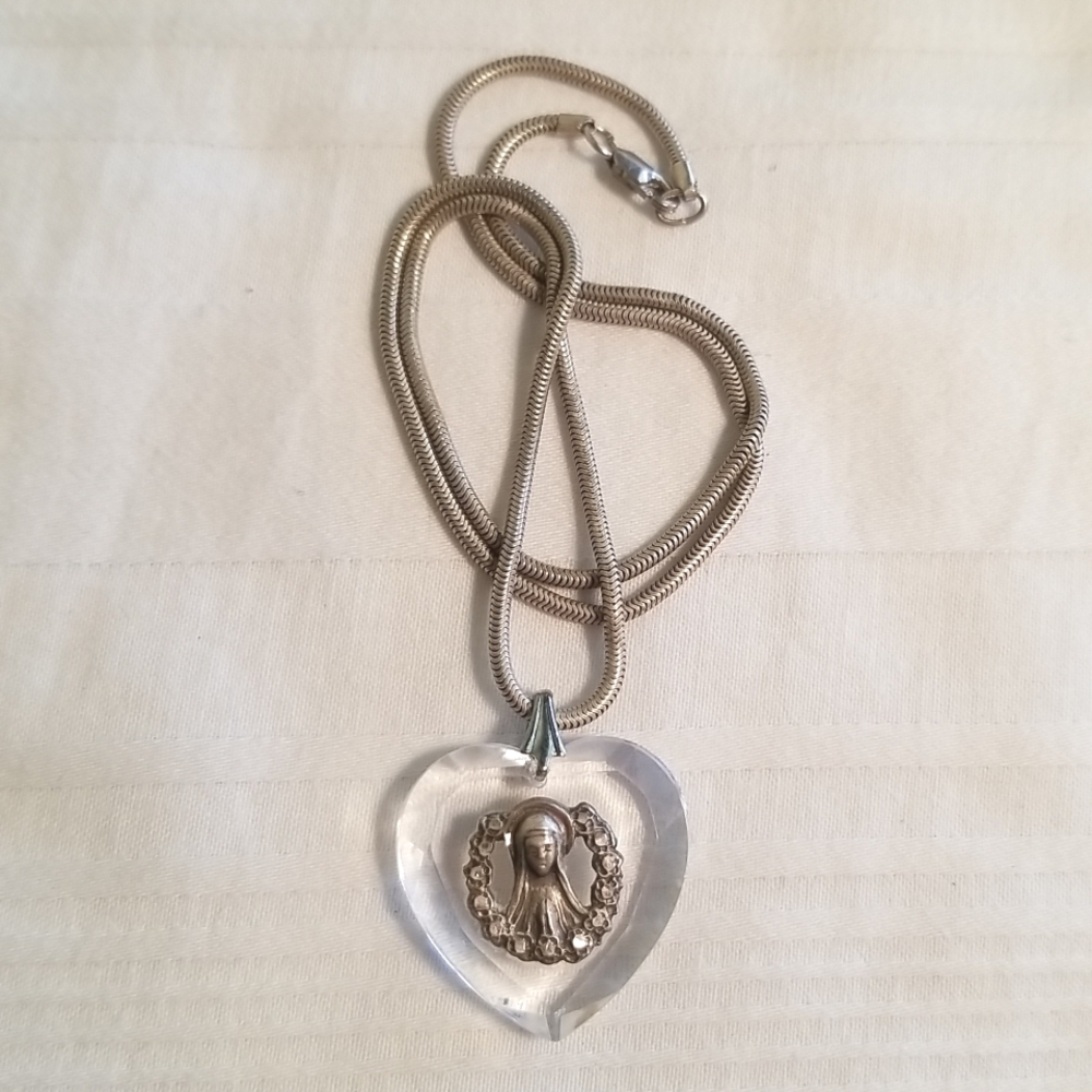 Vintage Chapel Sterling Mother Mary Glass Heart Necklace